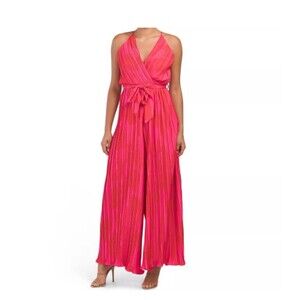 Beyond Words Red Jumpsuit Pleated Wide Leg Spaghetti Strap - Small